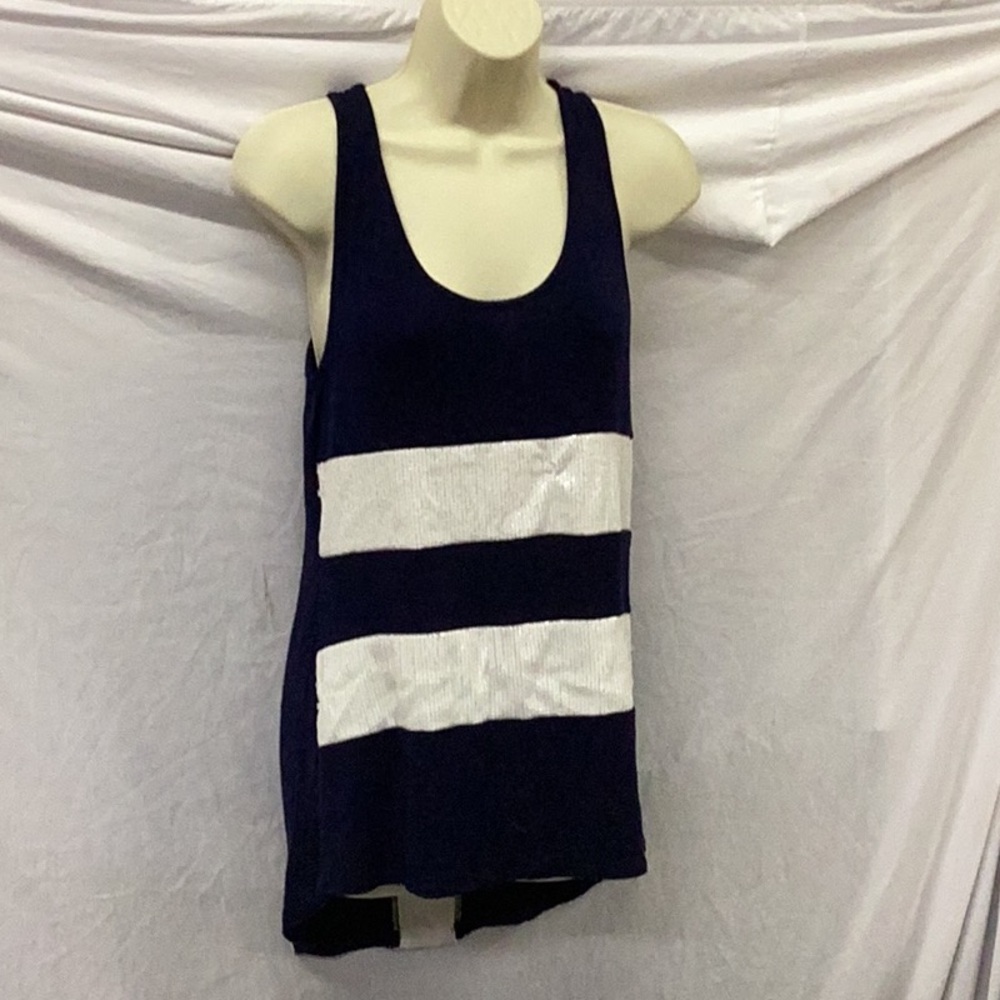 Studio Y navy blue and sequin white striped tank.